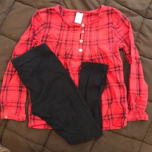Red Plaid top and simple black legging outfit